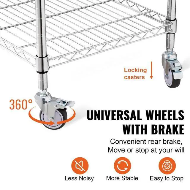 Alt view image 6 of 8 - VEVOR 3-Tier Utility Cart Rolling Cart on Wheels 24"x20"x36.6" 470 LBS 6 Hooks