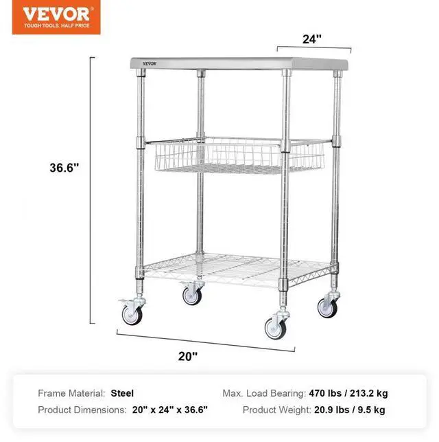 Alt view image 8 of 8 - VEVOR 3-Tier Utility Cart Rolling Cart on Wheels 24"x20"x36.6" 470 LBS 6 Hooks