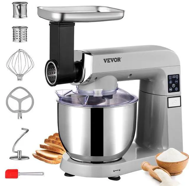 Alt view image 2 of 8 - VEVOR 6 IN 1 Stand Mixer, 450W Tilt-Head Multifunctional Electric Mixer with 6 Speeds LCD Screen Timing, 7.4Qt Stainless Bowl, Dough Hook, Flat Beater, Whisk, Scraper, Grinder, Stuffer, Slicer - Gray