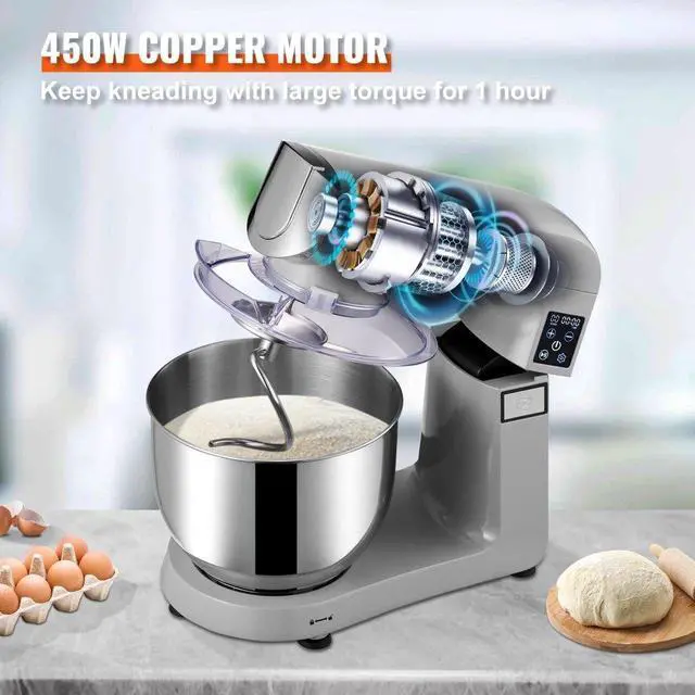 Alt view image 6 of 8 - VEVOR 6 IN 1 Stand Mixer, 450W Tilt-Head Multifunctional Electric Mixer with 6 Speeds LCD Screen Timing, 7.4Qt Stainless Bowl, Dough Hook, Flat Beater, Whisk, Scraper, Grinder, Stuffer, Slicer - Gray