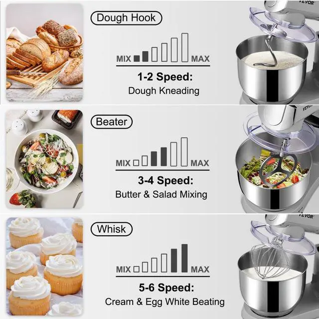 Alt view image 4 of 8 - VEVOR 6 IN 1 Stand Mixer, 450W Tilt-Head Multifunctional Electric Mixer with 6 Speeds LCD Screen Timing, 7.4Qt Stainless Bowl, Dough Hook, Flat Beater, Whisk, Scraper, Grinder, Stuffer, Slicer - Gray