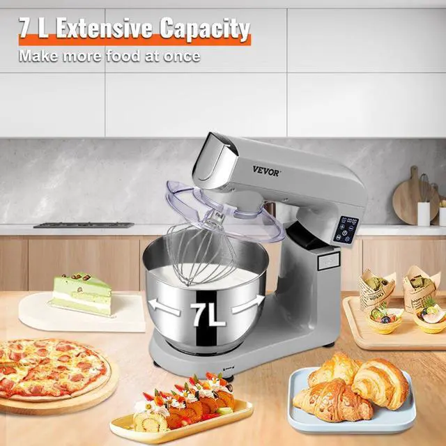 Alt view image 7 of 8 - VEVOR 6 IN 1 Stand Mixer, 450W Tilt-Head Multifunctional Electric Mixer with 6 Speeds LCD Screen Timing, 7.4Qt Stainless Bowl, Dough Hook, Flat Beater, Whisk, Scraper, Grinder, Stuffer, Slicer - Gray