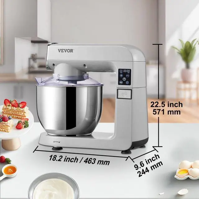 Alt view image 8 of 8 - VEVOR 6 IN 1 Stand Mixer, 450W Tilt-Head Multifunctional Electric Mixer with 6 Speeds LCD Screen Timing, 7.4Qt Stainless Bowl, Dough Hook, Flat Beater, Whisk, Scraper, Grinder, Stuffer, Slicer - Gray