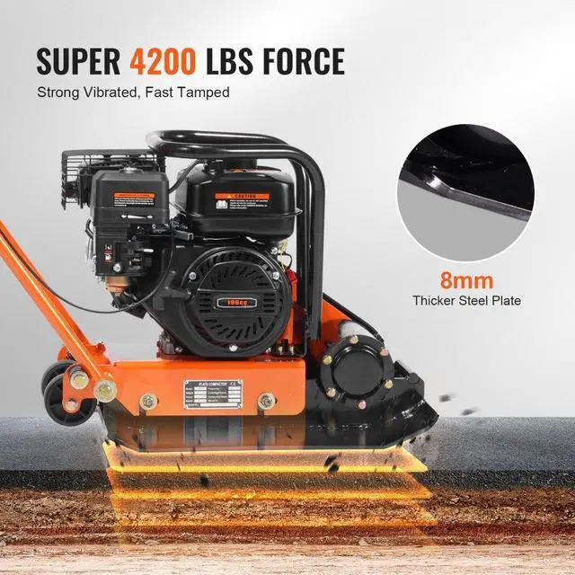 Alt view image 4 of 8 - VEVOR Vibratory Compaction Tamper, 6.5 HP, 196CC Gas Engine, 4,200 lbs Force, 5,600 VPM Plate Compactor with 22.1 x 15.9 in Plate for Walkways, Asphalts, Paver Landscaping, CARB & EPA Compliant