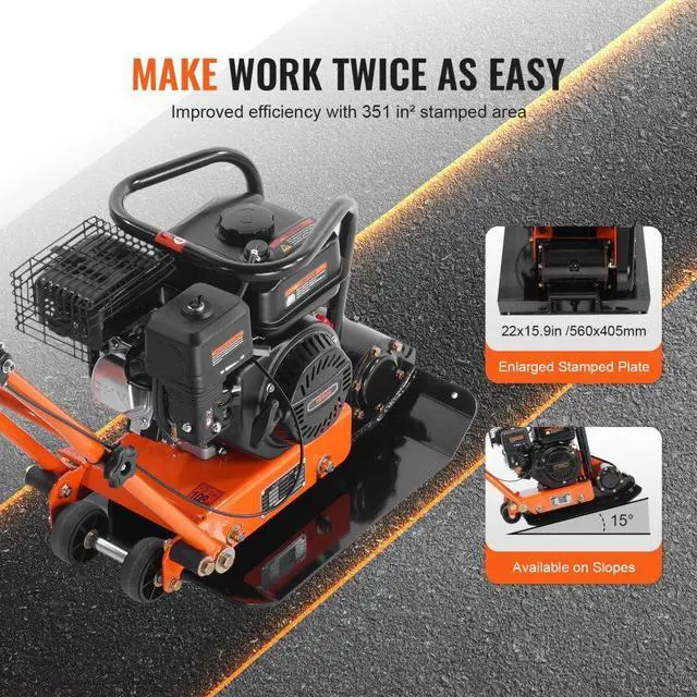 Alt view image 5 of 8 - VEVOR Vibratory Compaction Tamper, 6.5 HP, 196CC Gas Engine, 4,200 lbs Force, 5,600 VPM Plate Compactor with 22.1 x 15.9 in Plate for Walkways, Asphalts, Paver Landscaping, CARB & EPA Compliant