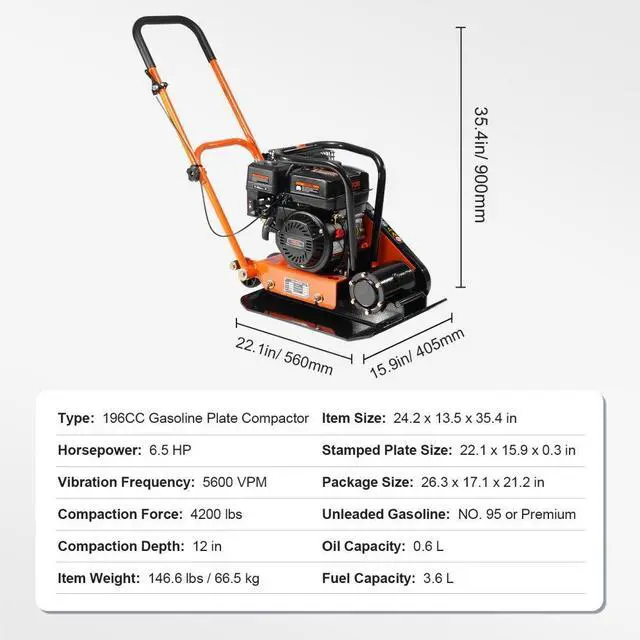 Alt view image 8 of 8 - VEVOR Vibratory Compaction Tamper, 6.5 HP, 196CC Gas Engine, 4,200 lbs Force, 5,600 VPM Plate Compactor with 22.1 x 15.9 in Plate for Walkways, Asphalts, Paver Landscaping, CARB & EPA Compliant