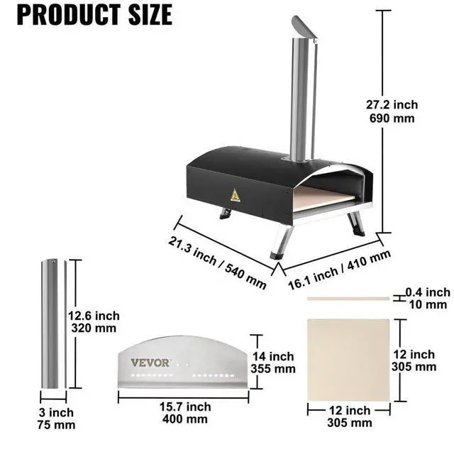 Alt view image 8 of 8 - VEVOR Outdoor Pizza Oven, 12-inch, Wood Pellet and Charcoal Fired Pizza Maker, Portable Outside Stainless Steel Pizza Grill with Pizza Stone, Waterproof Cover, Shovel, Wood Burner for Backyard Camping