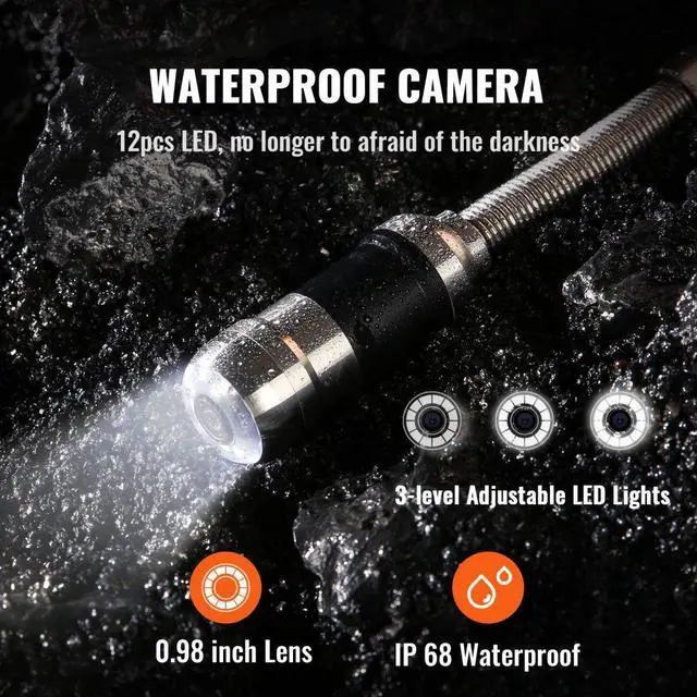 Alt view image 5 of 8 - VEVOR Sewer Camera, 100 ft/30 m, 7" Screen Pipeline Inspection Camera with DVR Function, Waterproof IP68 Camera, 12 pcs Adjustable LEDs, with a 16 GB SD Card for Sewer Line, Duct Drain Pipe Plumbing