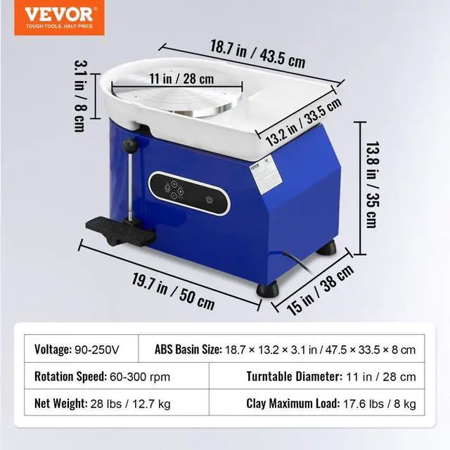 Alt view image 8 of 8 - VEVOR Pottery Wheel 11in Ceramic Wheel Foot Pedal Sculpting Tools Apron 450W