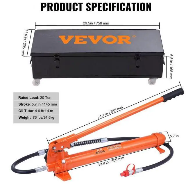 Alt view image 8 of 15 - VEVOR 20 Ton Porta Power Kit, Portable Hydraulic Jack with 4.6 ft/1.4 m Oil Hose, Car Frame Repair Tool with Storage Case for Automotive, Heavy Equipment, Mechanic (44000 LBS)