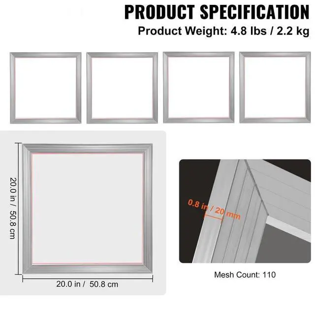 Alt view image 8 of 15 - VEVOR Screen Printing Kit, 4 Pieces Aluminum Silk Screen Printing Frames, 20x20inch Silk Screen Printing Frame with 110 Count Mesh, High Tension Nylon Mesh and Sealing Tape for T-shirts DIY Printing