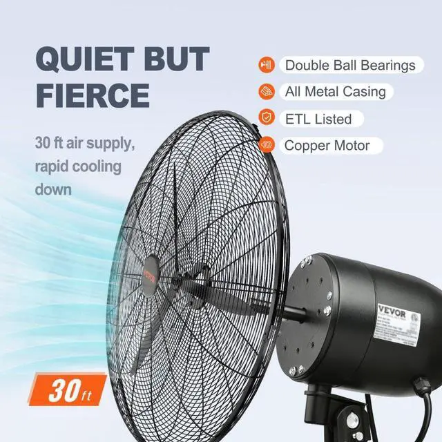 Alt view image 6 of 11 - VEVOR Wall-Mount Misting Fan, 30 Inch, 3-speed High Velocity Max. 9500 CFM, Waterproof Oscillating Industrial Wall Fan, Commercial or Residential for Warehouse, Greenhouse, Workshop, Black, ETL Listed