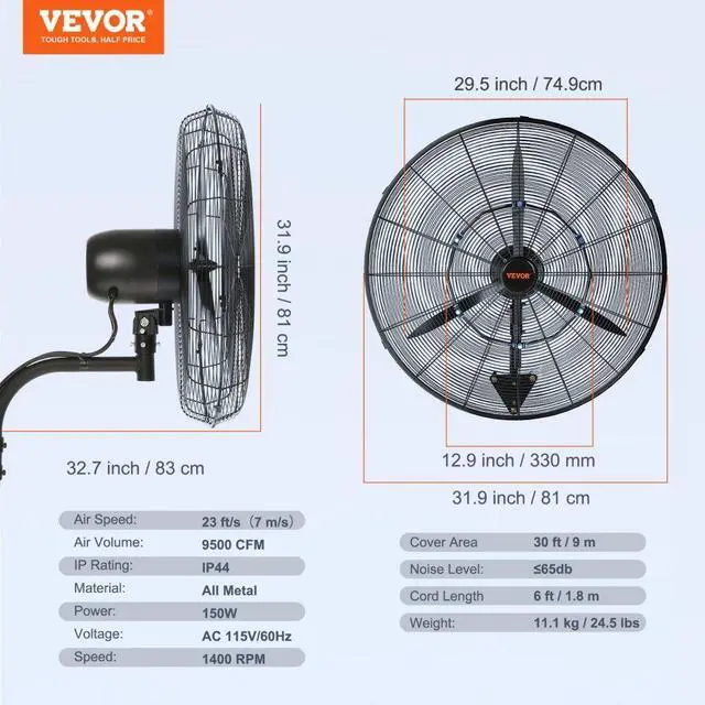 Alt view image 7 of 11 - VEVOR Wall-Mount Misting Fan, 30 Inch, 3-speed High Velocity Max. 9500 CFM, Waterproof Oscillating Industrial Wall Fan, Commercial or Residential for Warehouse, Greenhouse, Workshop, Black, ETL Listed