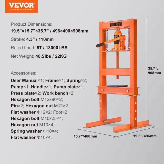 Alt view image 8 of 8 - VEVOR Hydraulic Shop Press, 6 Ton H-Frame Hydraulic Garage/Shop Floor Press, Adjustable Shop Press with Press Plates, Heavy Duty Hydraulic Press for Garage, Shop, Workshop