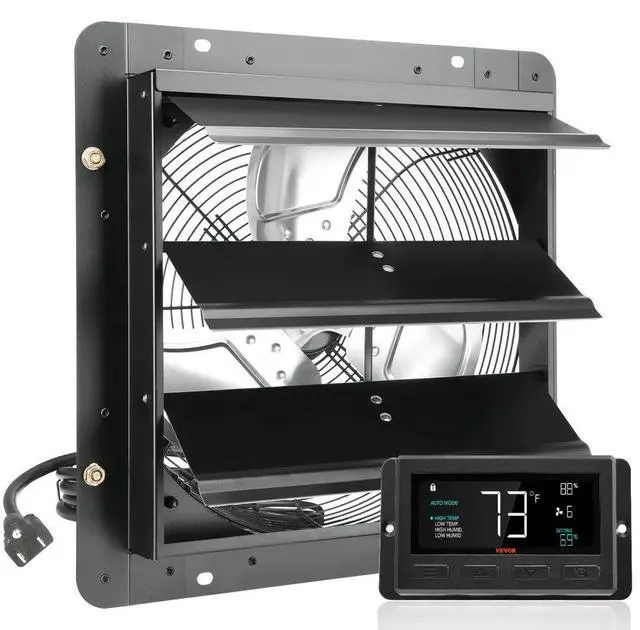 Alt view image 2 of 9 - VEVOR Shutter Exhaust Fan, 14'' with Temperature Humidity Controller, EC-motor, 1513 CFM, 10-Speed Adjustable Wall Mount Attic Fan, Ventilation and Cooling for Greenhouses, Garages, Sheds, ETL Listed
