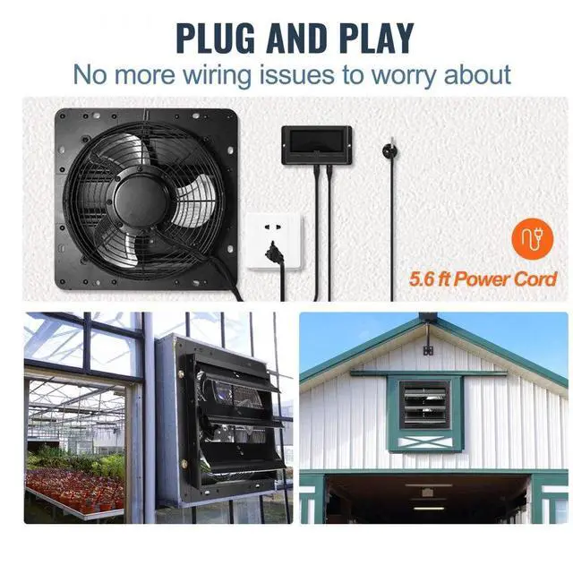 Alt view image 7 of 9 - VEVOR Shutter Exhaust Fan, 14'' with Temperature Humidity Controller, EC-motor, 1513 CFM, 10-Speed Adjustable Wall Mount Attic Fan, Ventilation and Cooling for Greenhouses, Garages, Sheds, ETL Listed