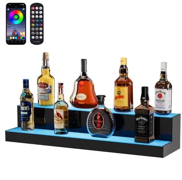 Alt view image 2 of 8 - VEVOR LED Lighted Liquor Bottle Display, 2 Tiers 30 Inches, Illuminated Home Bar Shelf with RF Remote & App Control 7 Static Colors 1-4 H Timing, Acrylic Drinks Lighting Shelf for Holding 16 Bottles