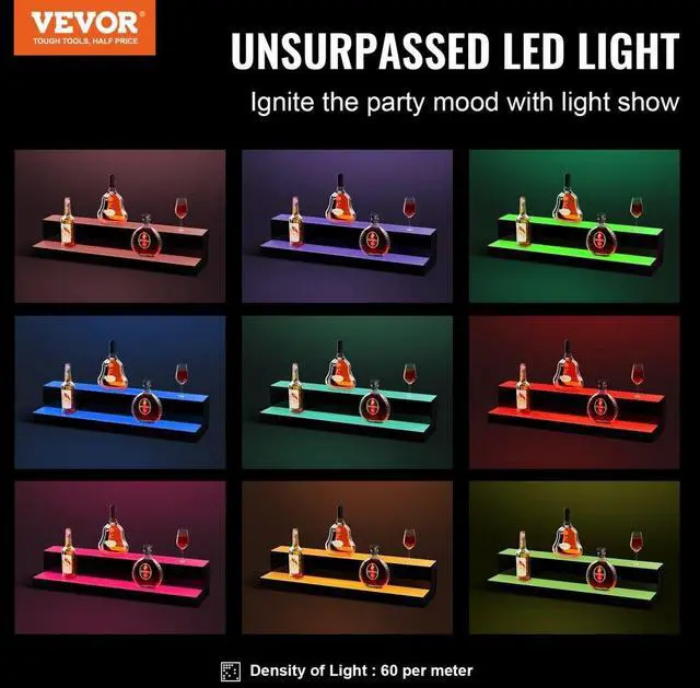 Alt view image 3 of 8 - VEVOR LED Lighted Liquor Bottle Display, 2 Tiers 30 Inches, Illuminated Home Bar Shelf with RF Remote & App Control 7 Static Colors 1-4 H Timing, Acrylic Drinks Lighting Shelf for Holding 16 Bottles