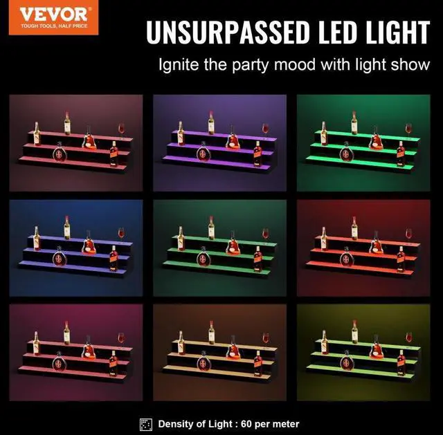 Alt view image 3 of 8 - VEVOR LED Lighted Liquor Bottle Display, 3 Tiers 40 Inches, Illuminated Home Bar Shelf with RF Remote & App Control 7 Static Colors 1-4 H Timing, Acrylic Drinks Lighting Shelf for Holding 30 Bottles