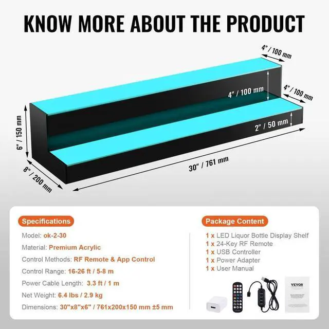 Alt view image 7 of 8 - VEVOR LED Lighted Liquor Bottle Display, 2 Tiers 30 Inches, Illuminated Home Bar Shelf with RF Remote & App Control 7 Static Colors 1-4 H Timing, Acrylic Drinks Lighting Shelf for Holding 16 Bottles