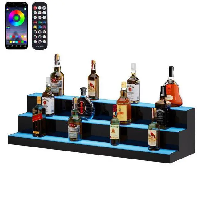 Alt view image 2 of 8 - VEVOR LED Lighted Liquor Bottle Display, 3 Tiers 40 Inches, Illuminated Home Bar Shelf with RF Remote & App Control 7 Static Colors 1-4 H Timing, Acrylic Drinks Lighting Shelf for Holding 30 Bottles