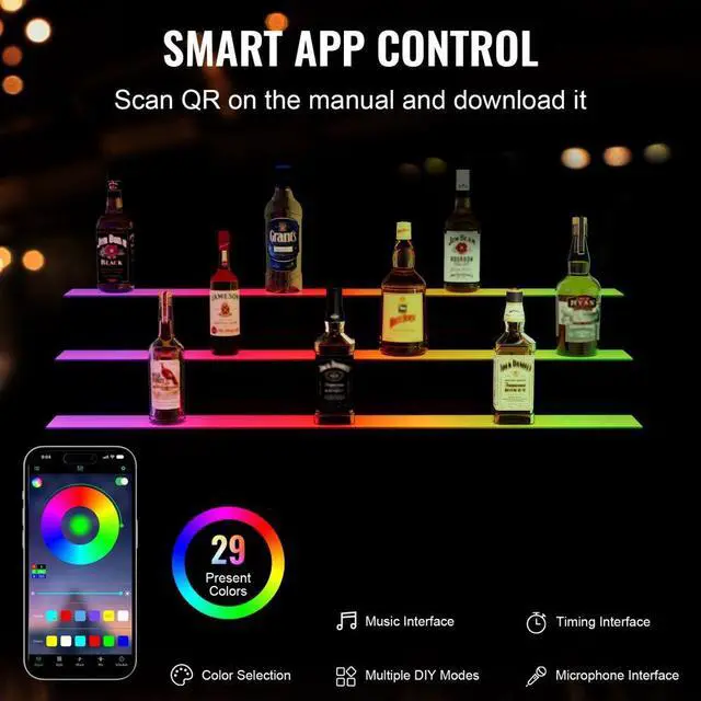 Alt view image 4 of 8 - VEVOR LED Lighted Liquor Bottle Display, 3 Tiers 40 Inches, Illuminated Home Bar Shelf with RF Remote & App Control 7 Static Colors 1-4 H Timing, Acrylic Drinks Lighting Shelf for Holding 30 Bottles