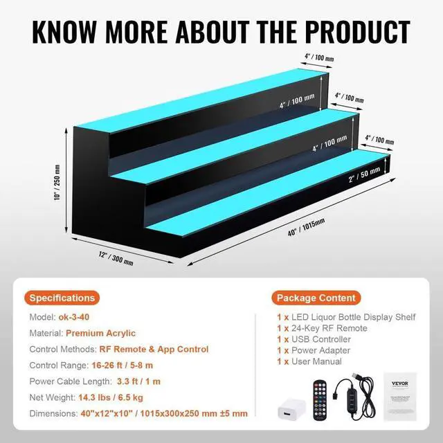 Alt view image 7 of 8 - VEVOR LED Lighted Liquor Bottle Display, 3 Tiers 40 Inches, Illuminated Home Bar Shelf with RF Remote & App Control 7 Static Colors 1-4 H Timing, Acrylic Drinks Lighting Shelf for Holding 30 Bottles