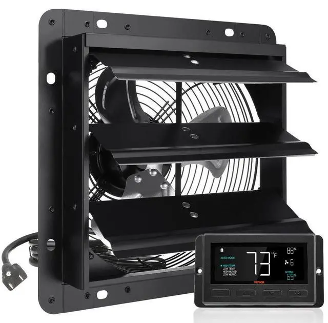Alt view image 2 of 11 - VEVOR Shutter Exhaust Fan, 10'' with Temperature Humidity Controller,  EC-motor, 820 CFM, 10-Speed Adjustable Wall Mount Attic Fan, Ventilation and Cooling for Greenhouses, Garages, Sheds, ETL Listed