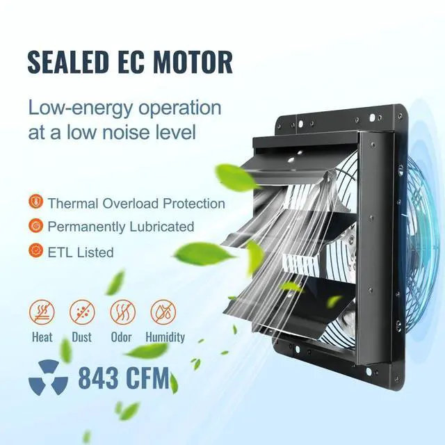 Alt view image 5 of 11 - VEVOR Shutter Exhaust Fan, 10'' with Temperature Humidity Controller,  EC-motor, 820 CFM, 10-Speed Adjustable Wall Mount Attic Fan, Ventilation and Cooling for Greenhouses, Garages, Sheds, ETL Listed