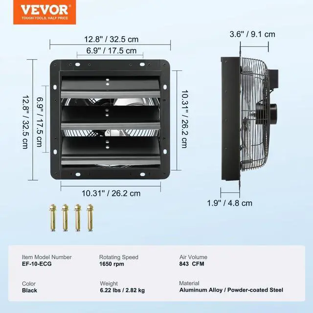 Alt view image 8 of 11 - VEVOR Shutter Exhaust Fan, 10'' with Temperature Humidity Controller,  EC-motor, 820 CFM, 10-Speed Adjustable Wall Mount Attic Fan, Ventilation and Cooling for Greenhouses, Garages, Sheds, ETL Listed