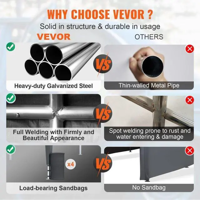 Alt view image 4 of 8 - VEVOR Carport, Heavy Duty 10 x 20ft Car Canopy, Outdoor Garage Shelter with 8 Reinforced Poles and 4 Weighted Bags, UV Resistant Waterproof Instant Car Garage Tent for Party Garden Boat, Darkgray