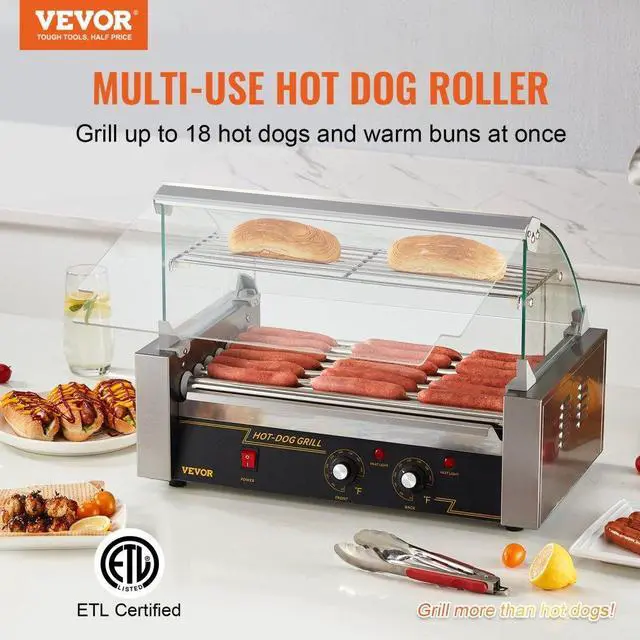 Alt view image 3 of 8 - VEVOR Hot Dog Roller 7 Rollers 18 Hot Dogs Capacity 1050W Stainless Sausage Grill Cooker Machine with Dual Temp Control Glass Hood Acrylic Cover Bun Warmer Shelf Removable Oil Drip Tray, ETL Certified