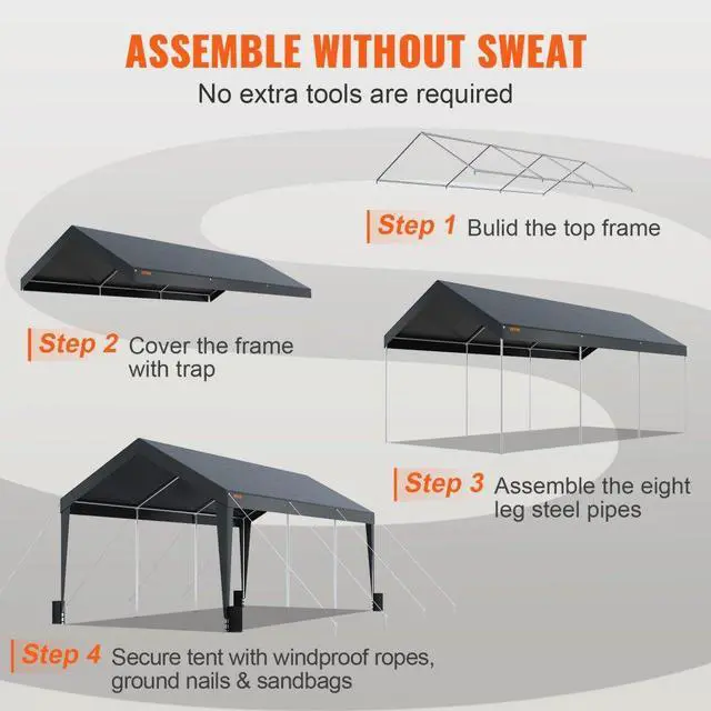 Alt view image 7 of 8 - VEVOR Carport, Heavy Duty 10 x 20ft Car Canopy, Outdoor Garage Shelter with 8 Reinforced Poles and 4 Weighted Bags, UV Resistant Waterproof Instant Car Garage Tent for Party Garden Boat, Darkgray