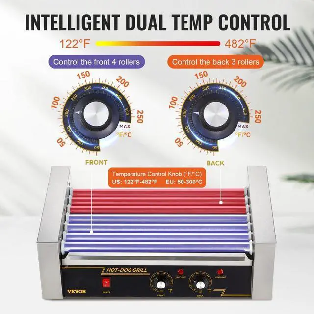 Alt view image 4 of 8 - VEVOR Hot Dog Roller 7 Rollers 18 Hot Dogs Capacity 1050W Stainless Sausage Grill Cooker Machine with Dual Temp Control Glass Hood Acrylic Cover Bun Warmer Shelf Removable Oil Drip Tray, ETL Certified