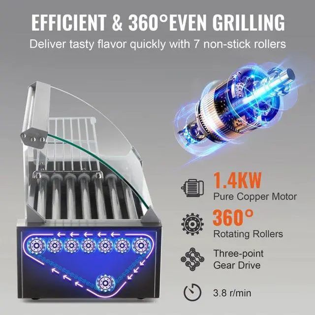 Alt view image 6 of 8 - VEVOR Hot Dog Roller 7 Rollers 18 Hot Dogs Capacity 1050W Stainless Sausage Grill Cooker Machine with Dual Temp Control Glass Hood Acrylic Cover Bun Warmer Shelf Removable Oil Drip Tray, ETL Certified