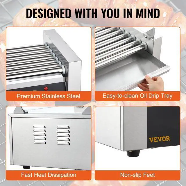 Alt view image 7 of 8 - VEVOR Hot Dog Roller 7 Rollers 18 Hot Dogs Capacity 1050W Stainless Sausage Grill Cooker Machine with Dual Temp Control Glass Hood Acrylic Cover Bun Warmer Shelf Removable Oil Drip Tray, ETL Certified