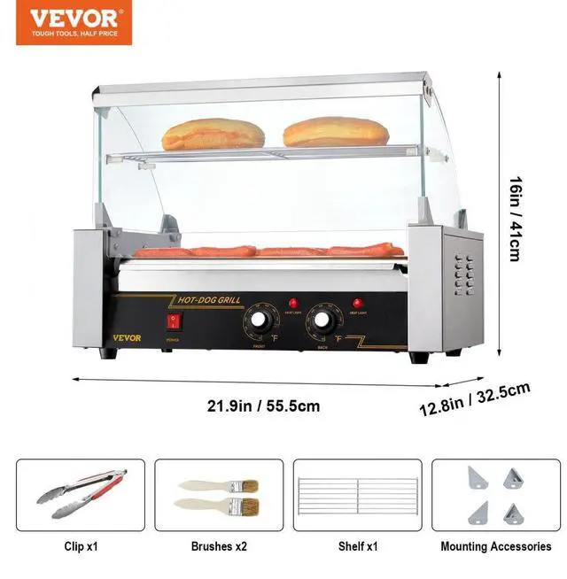 Alt view image 8 of 8 - VEVOR Hot Dog Roller 7 Rollers 18 Hot Dogs Capacity 1050W Stainless Sausage Grill Cooker Machine with Dual Temp Control Glass Hood Acrylic Cover Bun Warmer Shelf Removable Oil Drip Tray, ETL Certified