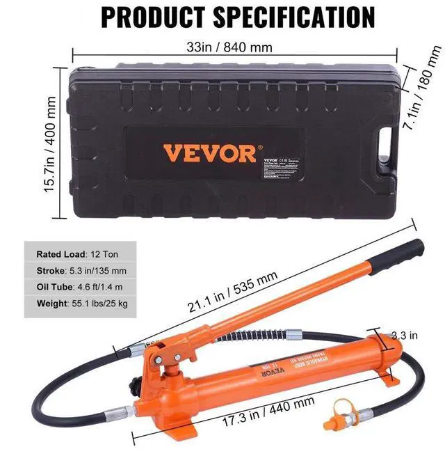 Alt view image 8 of 8 - VEVOR 12 Ton Porta Power Kit, Hydraulic Ram with Pump with 4.6 ft/1.4 m Oil Hose, Portable Hydraulic Jack with Storage Case for Automotive, Garage, Farm, Mechanic (26455 LBS)