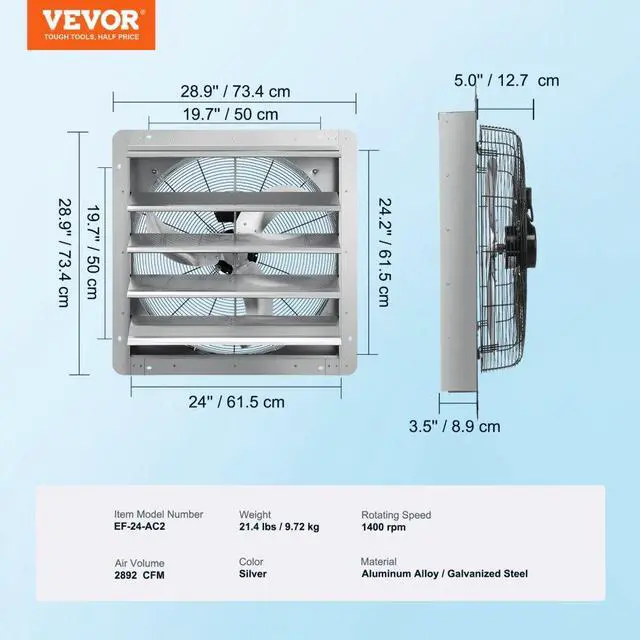 Alt view image 8 of 11 - VEVOR Shutter Exhaust Fan, 24'' with Speed Controller, AC-motor, 3320 CFM, No Assembly Required Wall Mount Attic Fan, Ventilation and Cooling for Greenhouses, Garages, Sheds, FCC Listed