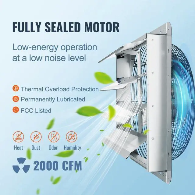 Alt view image 5 of 9 - VEVOR Shutter Exhaust Fan, 16'' with Speed Controller, AC-motor, 2000 CFM, No Assembly Required Wall Mount Attic Fan, Ventilation and Cooling for Greenhouses, Garages, Sheds, FCC Listed
