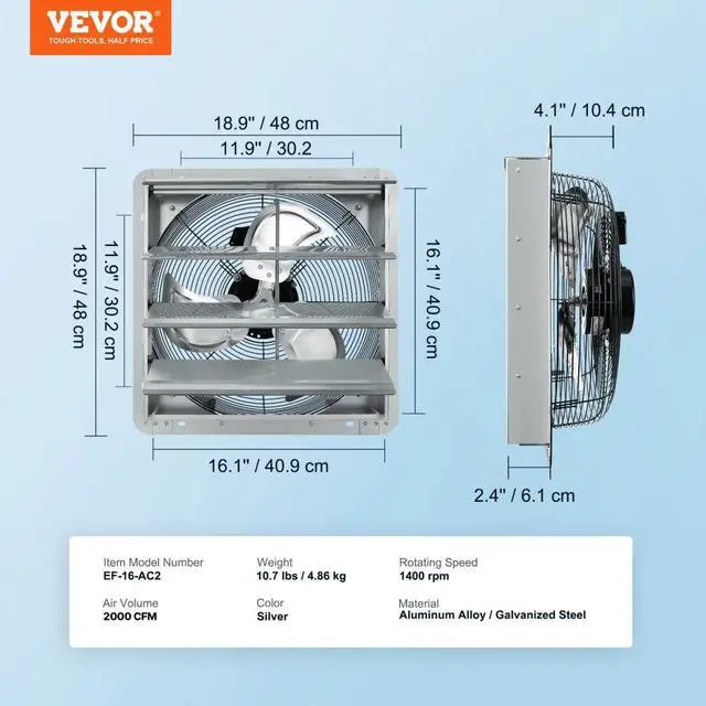 Alt view image 9 of 9 - VEVOR Shutter Exhaust Fan, 16'' with Speed Controller, AC-motor, 2000 CFM, No Assembly Required Wall Mount Attic Fan, Ventilation and Cooling for Greenhouses, Garages, Sheds, FCC Listed