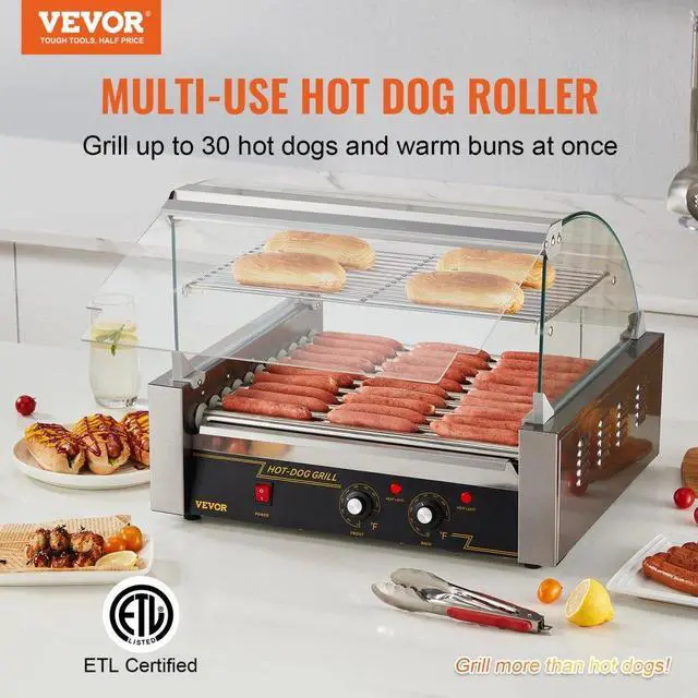 Alt view image 3 of 8 - VEVOR Hot Dog Roller, 11 Rollers 30 Hot Dogs Capacity, 1650W Stainless Sausage Grill Cooker Machine with Dual Temp Control Glass Hood Acrylic Cover Bun Warmer Shelf Removable Drip Tray, ETL Certified