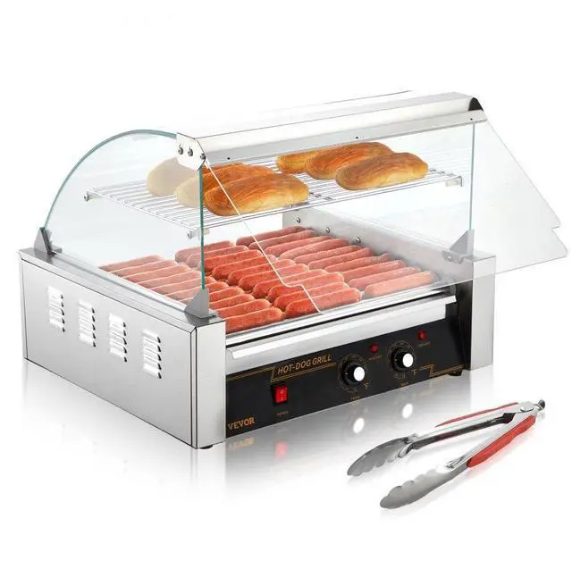 Alt view image 2 of 8 - VEVOR Hot Dog Roller, 11 Rollers 30 Hot Dogs Capacity, 1650W Stainless Sausage Grill Cooker Machine with Dual Temp Control Glass Hood Acrylic Cover Bun Warmer Shelf Removable Drip Tray, ETL Certified