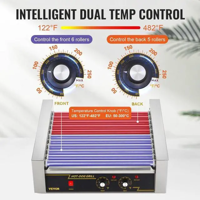 Alt view image 4 of 8 - VEVOR Hot Dog Roller, 11 Rollers 30 Hot Dogs Capacity, 1650W Stainless Sausage Grill Cooker Machine with Dual Temp Control Glass Hood Acrylic Cover Bun Warmer Shelf Removable Drip Tray, ETL Certified