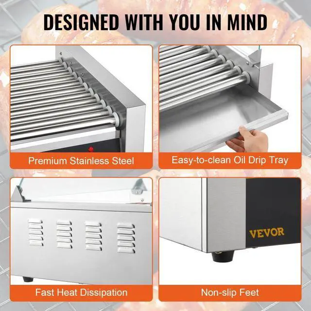 Alt view image 7 of 8 - VEVOR Hot Dog Roller, 11 Rollers 30 Hot Dogs Capacity, 1650W Stainless Sausage Grill Cooker Machine with Dual Temp Control Glass Hood Acrylic Cover Bun Warmer Shelf Removable Drip Tray, ETL Certified
