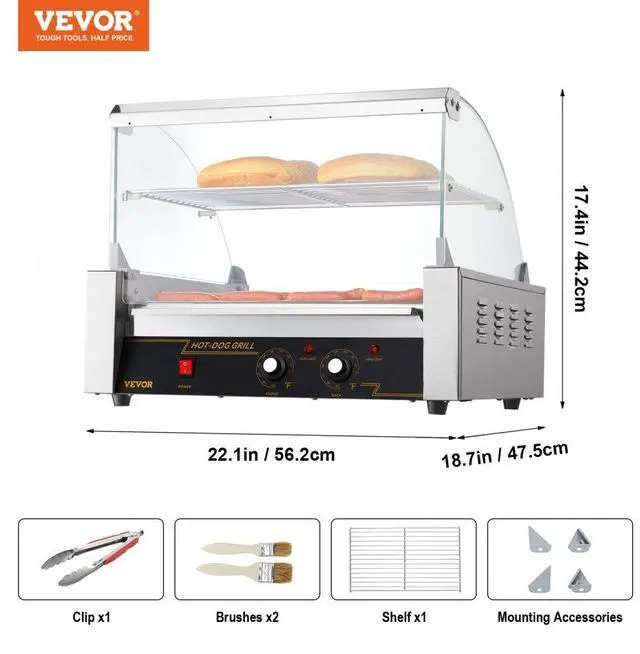 Alt view image 8 of 8 - VEVOR Hot Dog Roller, 11 Rollers 30 Hot Dogs Capacity, 1650W Stainless Sausage Grill Cooker Machine with Dual Temp Control Glass Hood Acrylic Cover Bun Warmer Shelf Removable Drip Tray, ETL Certified