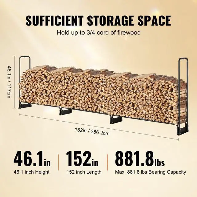 Alt view image 4 of 8 - VEVOR 12.7FT Outdoor Firewood Rack with Cover, 152x14.2x46.1in,Heavy Duty Firewood Holder & 600D Oxford Waterproof Cover for Fireplace, Patio, Indoor/Outdoor Log Storage Rack for 3/4 Cord of Firewood