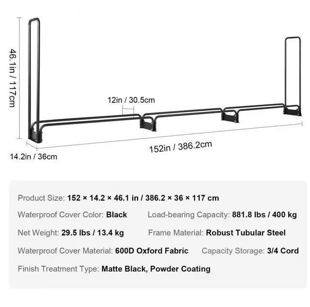Alt view image 8 of 8 - VEVOR 12.7FT Outdoor Firewood Rack with Cover, 152x14.2x46.1in,Heavy Duty Firewood Holder & 600D Oxford Waterproof Cover for Fireplace, Patio, Indoor/Outdoor Log Storage Rack for 3/4 Cord of Firewood