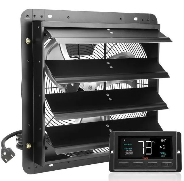 Alt view image 2 of 11 - VEVOR Shutter Exhaust Fan, 16'' with Temperature Humidity Controller, EC-motor, 2650 CFM, 10-Speed Adjustable Wall Mount Attic Fan, Ventilation and Cooling for Greenhouses, Garages, Sheds, ETL Listed
