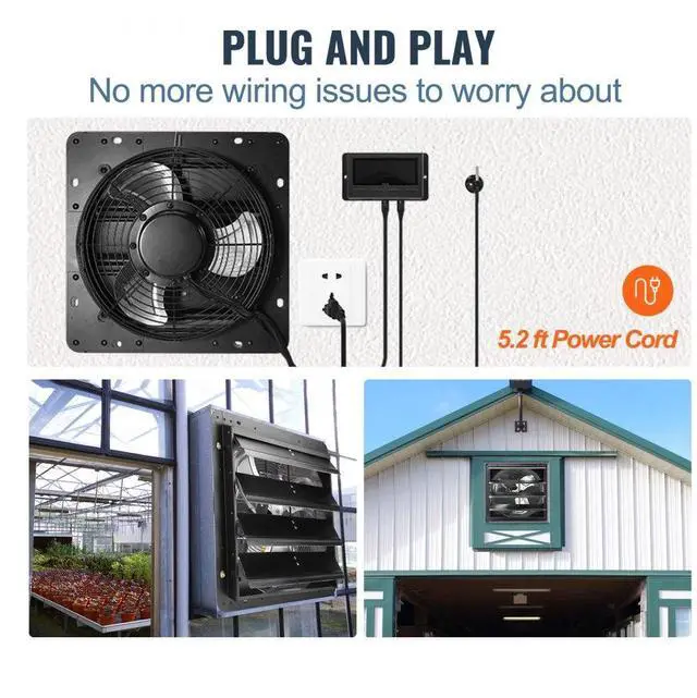 Alt view image 6 of 11 - VEVOR Shutter Exhaust Fan, 16'' with Temperature Humidity Controller, EC-motor, 2650 CFM, 10-Speed Adjustable Wall Mount Attic Fan, Ventilation and Cooling for Greenhouses, Garages, Sheds, ETL Listed